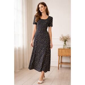 Vintage Elizabeth Wayman Navy Floral Midi Dress Size 6 Blue Floral 90s bias cut